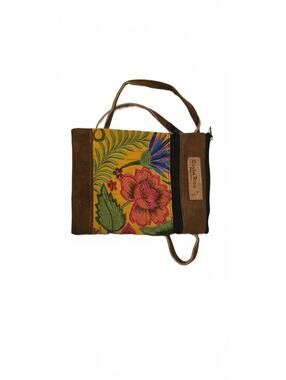 Costa Rica Pura Vida Floral Embroidered Brown Suede Crossbody Bag